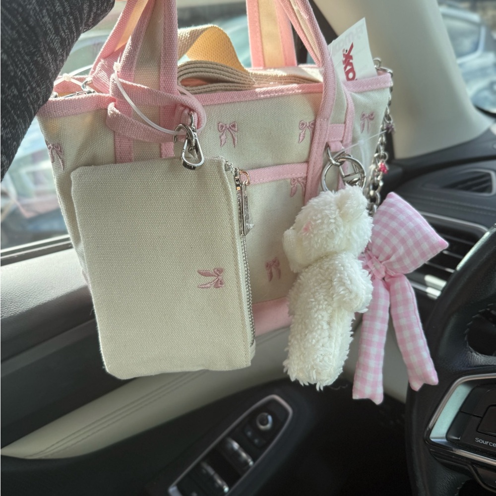 Madden Girl Bow Pink and Cream Tote Bag with Teddy Charm